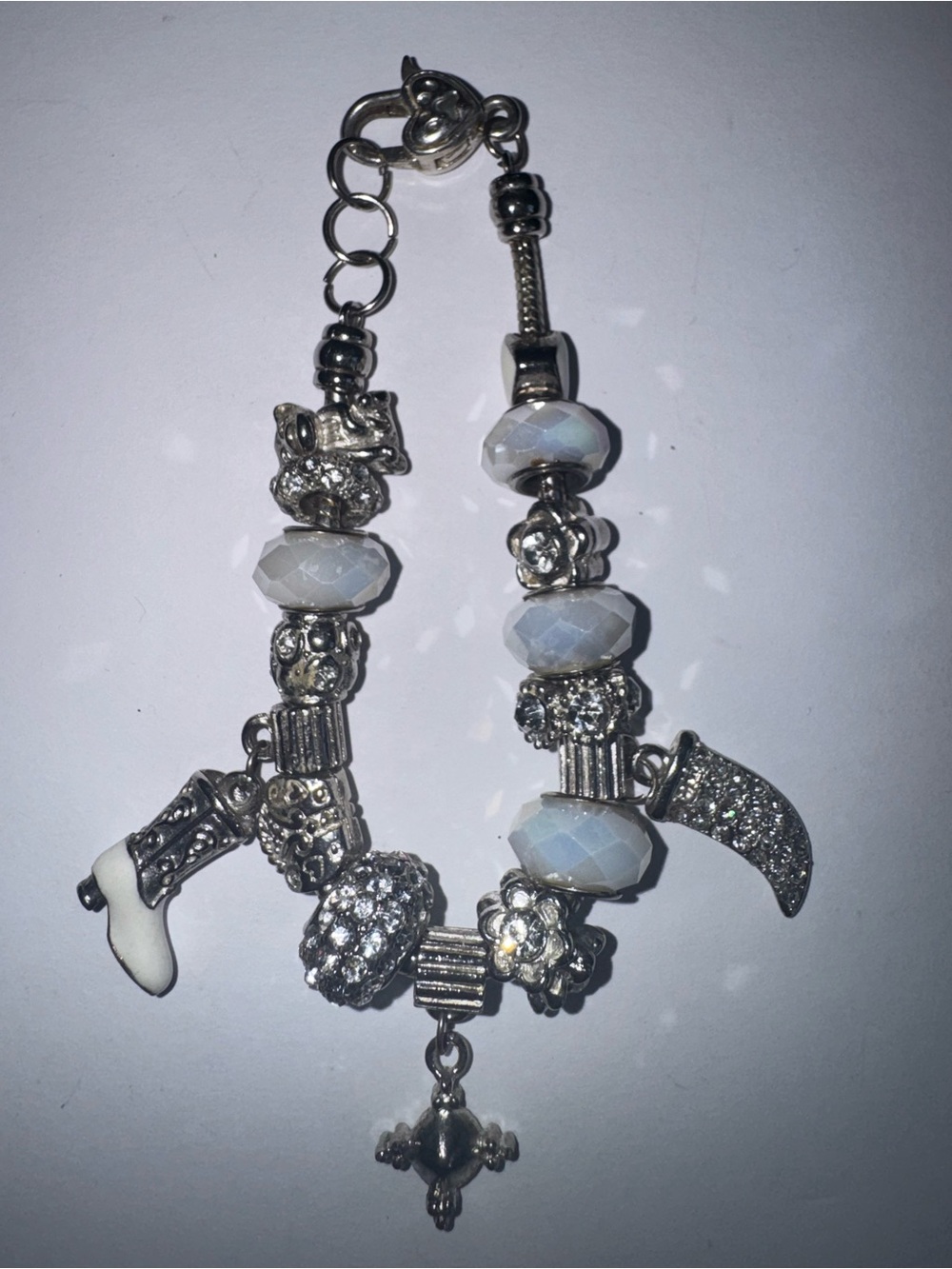 Western Country Charm Bracelet White Beads & Paw Print Heart Clasp